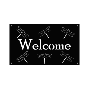 Rectangular steel sign with 'Welcome' in the center, surrounded by six dragonflies. The sign is laser-cut, painted black, with small mounting holes in each corner.
